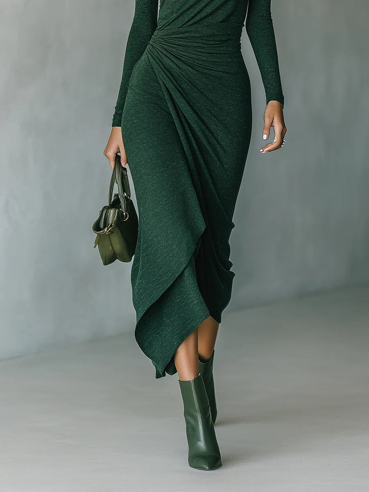 EVANGELINE™|ASYMMETRIC PLEATED WRAP MIDI DRESS