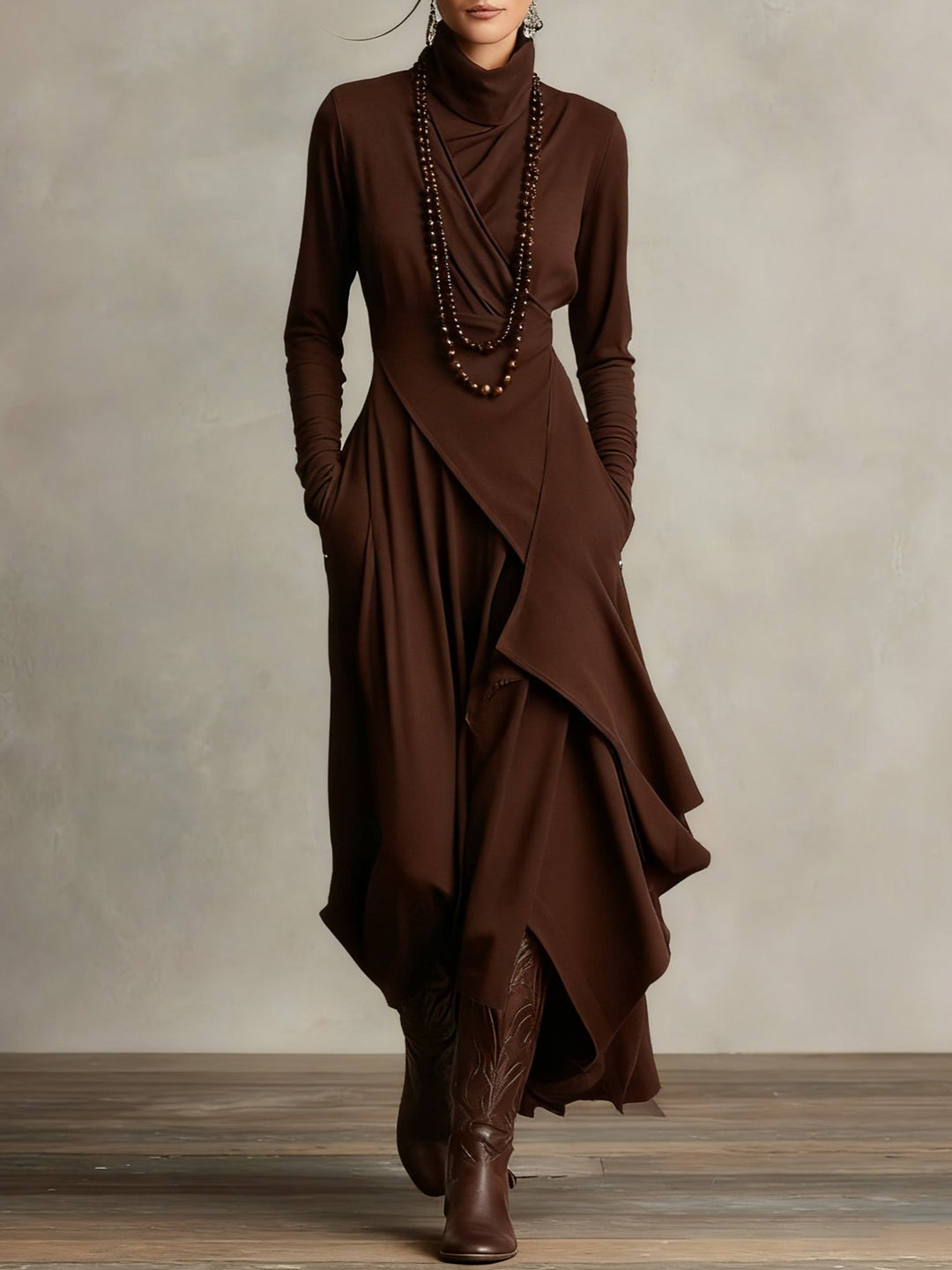 GENEVIEVE™|PLEATED ASYMMETRIC HIGH COLLAR MAXI DRESS