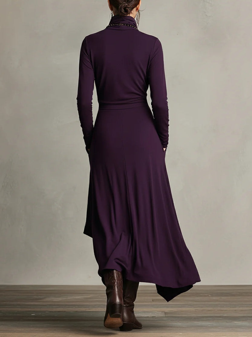 GENEVIEVE™|PLEATED ASYMMETRIC HIGH COLLAR MAXI DRESS