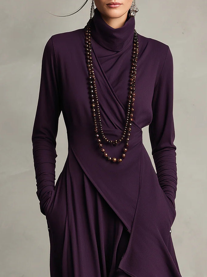 GENEVIEVE™|PLEATED ASYMMETRIC HIGH COLLAR MAXI DRESS