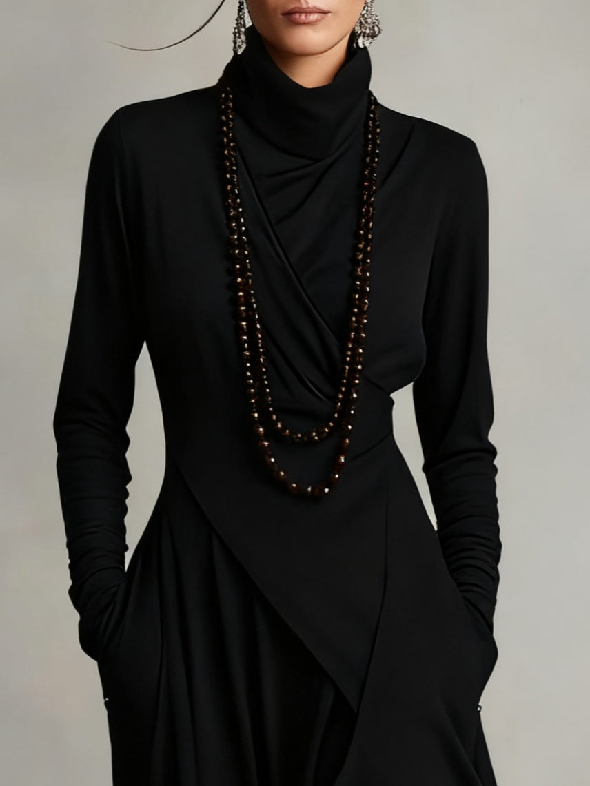 GENEVIEVE™|PLEATED ASYMMETRIC HIGH COLLAR MAXI DRESS